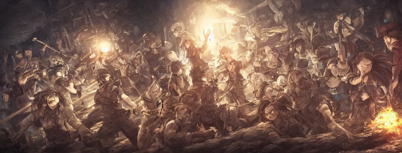 Prompt: if we're gonna die anyway, you're saying it's better... to die fighting? hyperrealistic anime illustration by iralki nadar, extremely detailed faces, intricate linework, super sharp focus, bright colors, octopath traveler, studio ghibli, unreal engine 5 highly rendered, global illumination, radiant light, detailed and intricate environment
