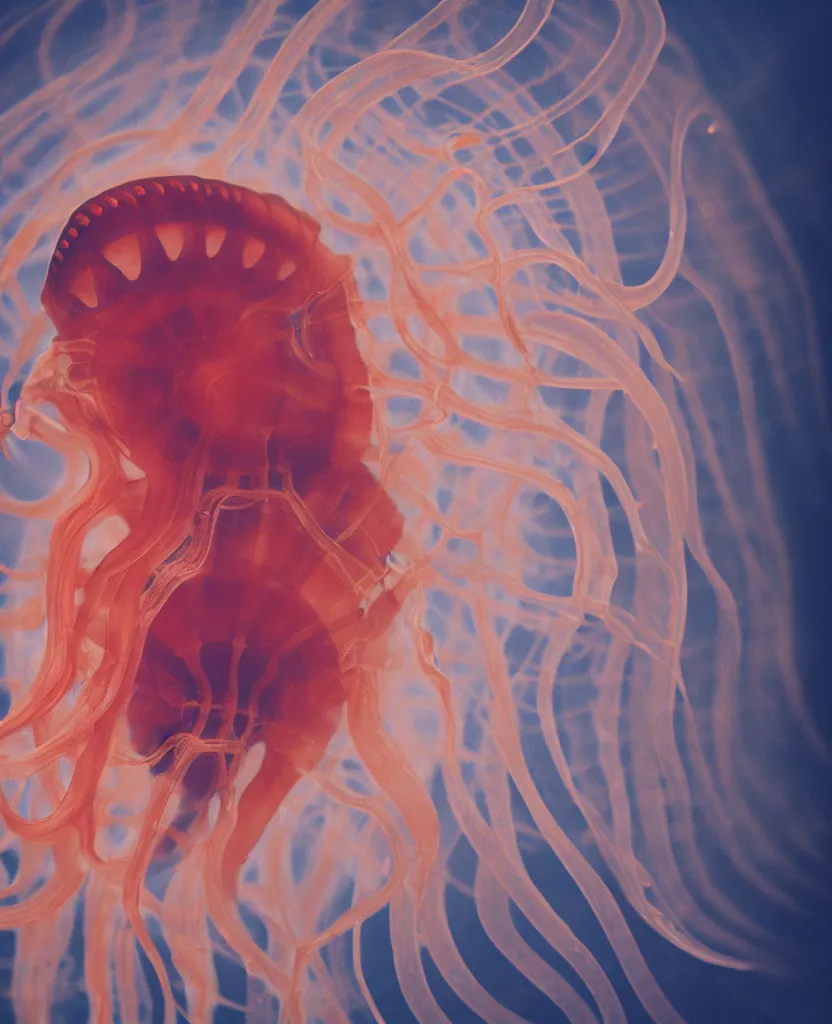 Prompt: kodachrome, close up swirly portrait of the face of a beautiful princess a demon face with translucent nautilus jellyfish, porta 4 0 0, mutes colors of phoebe bridgers standing. beautiful organic, natural light, 8 0 mm