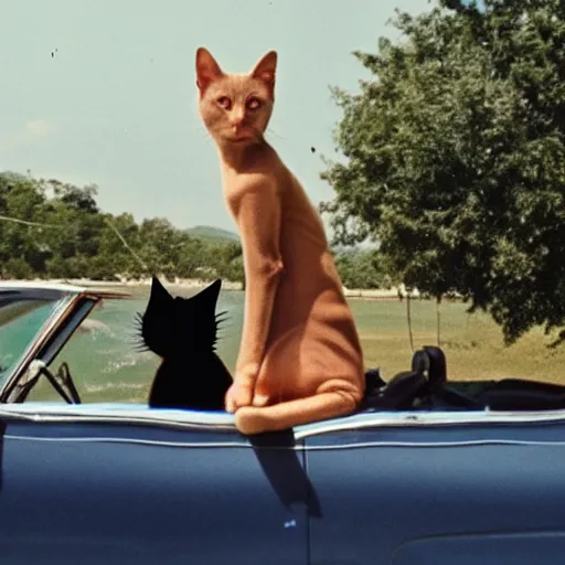 Prompt: A human scaled black cat cruising in a convertible from the 70s