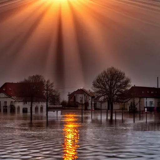 Prompt: award-winning photograph of a german town being flooded, dramatic lighting, hazy atmosphere, god rays, wide focal length, Sigma 85mm f/2, golden hour, sunset, shimmering water, dramatic perspective