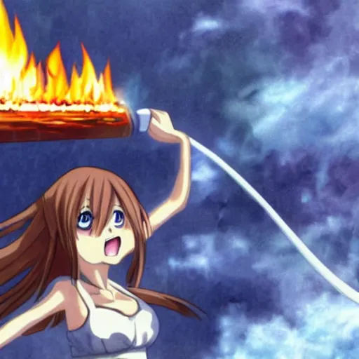 Prompt: a 2 0 0 8 anime still of an anime girl lighting her taxes on fire.