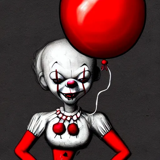 Prompt: surrealism grunge cartoon portrait sketch of voodoo doll with a wide smile and a red balloon by - michael karcz, loony toons style, pennywise style, horror theme, detailed, elegant, intricate