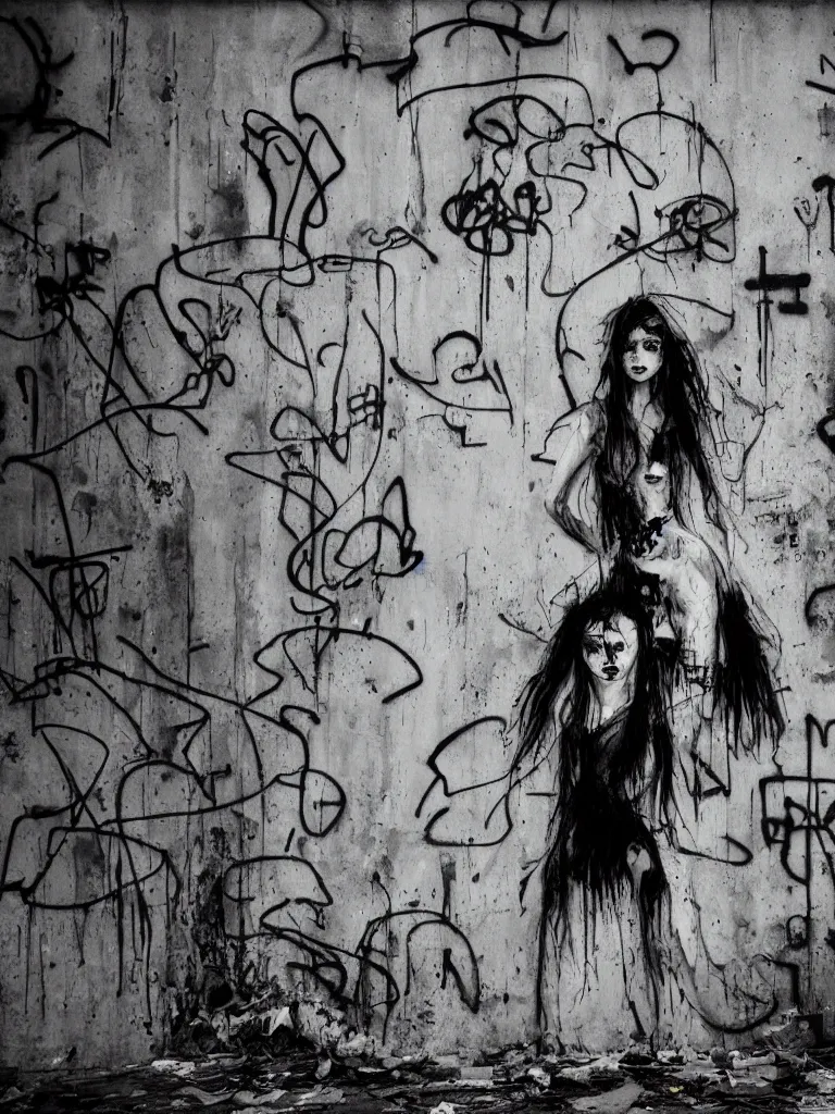 Image similar to graffiti in an abandoned overgrown warehouse, cute fumo plush gothic black enigmatic maiden girl painted in spilt ink and washed watercolor lurching out of the portrait in 3 d, avant garde pop art, filmic, captured on canon eos r 6