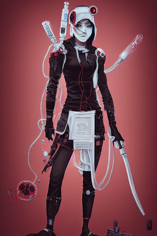 Image similar to covid - 1 9 nurse holding a syringe, wearing cyberpunk nurse armor, black and white and red, by tom bagshaw and alphonse mucha and atey ghailan and artgerm and and greg rutkowski and hajime soriyama, hyper realistic, octane render, trending on artstation