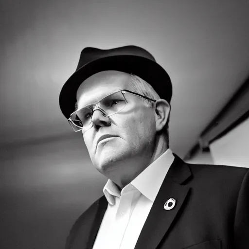 Image similar to ultrarealistic photo of former prime minister scott morrison lurking in the shadows in the style of film noir, full body, hiding, high contrast, 8 k, raw, unedited, symmetrical balance, in - frame