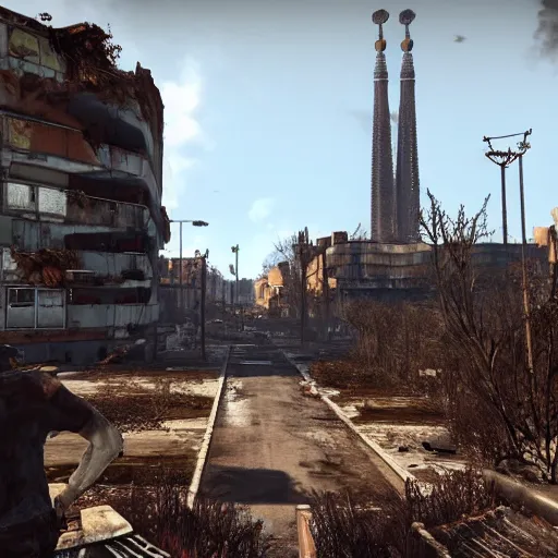 Prompt: Barcelona in ruins post-nuclear war in Fallout 4, in game screenshot