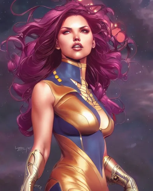 Image similar to ultra realistic illustration, danielle campbell as starfire anime, intricate, elegant, highly detailed, digital painting, artstation, concept art, smooth, sharp focus, illustration, art by artgerm and greg rutkowski and alphonse mucha and wlop