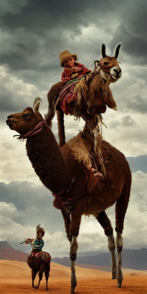 Prompt: A baby riding a Lama in the desert, cloudy sky, digital art, matte painting, style by alex ross,