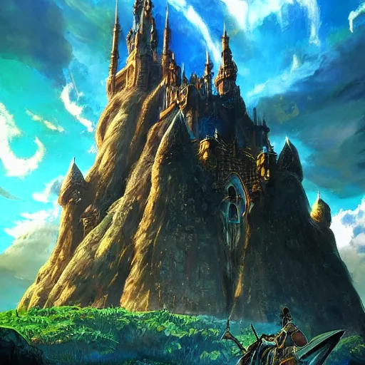 Image similar to An imposing and highly ornamented fantasy castle, Carved from Sapphire stone, Atmosphere, Dramatic lighting, Beautiful Landscape, Epic composition, Wide angle, by Miyazaki, Nausicaa Ghibli, Breath of The Wild