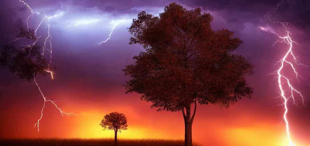 Image similar to a beautiful picture of a close lightning striking a tree, sunset, orange sky, rain, serene, volumetric lighting, volumetric clouds, 8 k, hyperrealistic, digital art trending on artstation