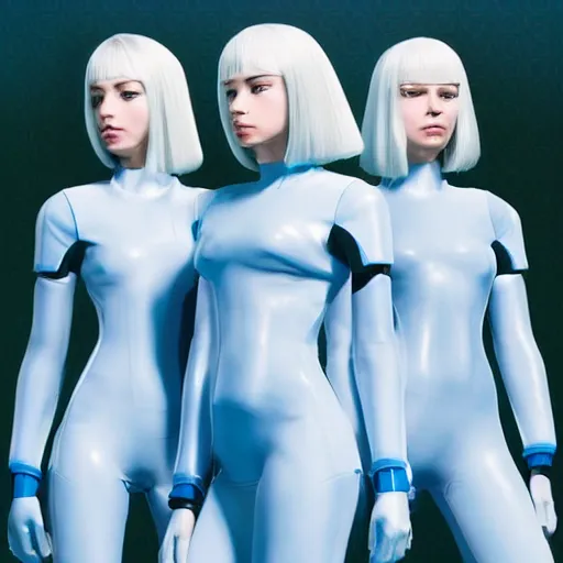 Image similar to troop ofcloned women with white bob hairdos, tight light blue neopren suits, futuristic production facility, sci - fi, highly detailed, cinematic