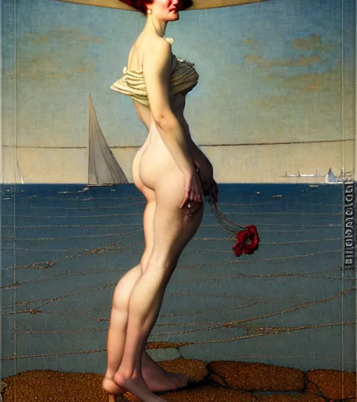 Image similar to a fancy beautiful young lady standing on a wharf at the edge of the sea by brom and gil elvgren and jean delville and william blake and norman rockwell and michael whelan, crisp details, hyperrealism, high detail, high contrast, low light, grey mist, cobblestones, dim lantern