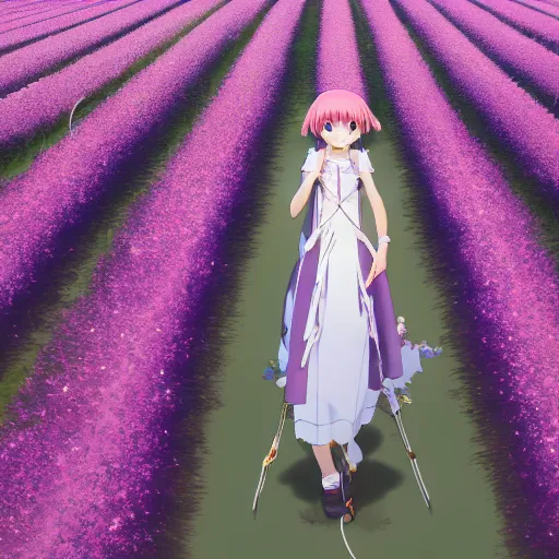 Image similar to portrait of the girl walking through the floss flower field, anime fantasy illustration by tomoyuki yamasaki, kyoto studio, madhouse, ufotable, square enix, cinematic lighting, trending on artstation