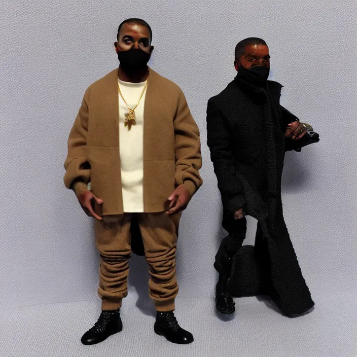 Image similar to a hot toys figure of kanye west using a black face - covering mask made of cloth with small holes, a blue puff undersized round jacket, a black shirt underneath and black rubber boots, figurine, detailed product photo