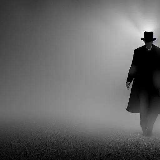 Image similar to white light from right, mysterious man in black suit and black hat, he has a pistol, smoke, fog, mysterious, 4 k, highly detailed, digital art, strong shadows, high contrast, epic scene, atmospheric, blue colours, old photograph