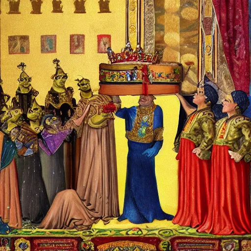 Image similar to shrek is crowned as the byzantine emperor, oil on canvas, 1 8 9 3, high quality, high resolution