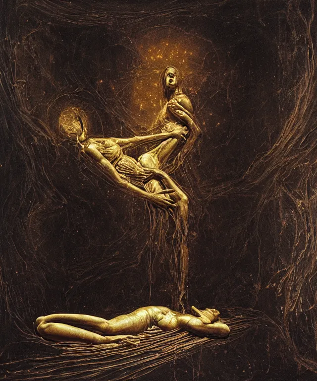 Image similar to The room without doors and windows with beautiful full-body wax sculpture of the glowing woman with visible golden bones inside her in the singularity where stars becoming baroque folds of dark matter by Michelangelo da Caravaggio, Nicola Samori, William Blake, Alex Grey and Beksinski, dramatic volumetric lighting, detailed oil painting, 8k, masterpiece