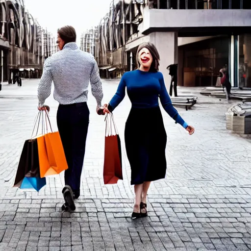 Prompt: modern city destroyed by war in ruins with rich famous reptilian couple walking around with shopping bags laughing, color photograph very high detail