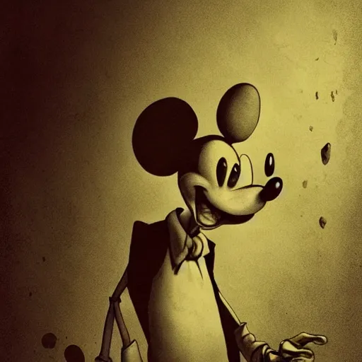 Image similar to michael karcz grunge drawing of mickey mouse. , in the style of corpse bride, loony toons style, horror themed, detailed, elegant, intricate, trending on artstation, 4k