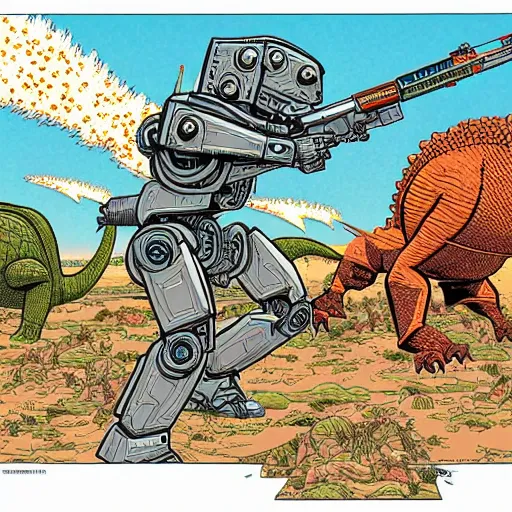 Image similar to detailed intricate colour illustration of a businessman with a laser pistol riding a mecha dinosaur, in the style of Geof Darrow