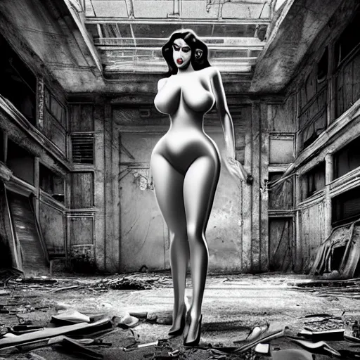 Prompt: Jessica rabbit in an abandoned building, realistic, hyper detail, very detailed, cinematic, ultra details, futuristic, photorealistic, bikini, dark, insanely detailed, revealing,