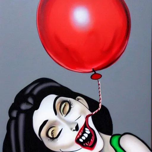 Image similar to grunge cartoon painting of kylie jenner with a wide smile and a red balloon by chris leib, loony toons style, pennywise style, corpse bride style, horror theme, detailed, elegant, intricate