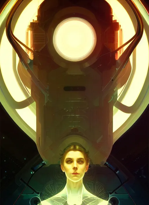 Image similar to symmetry!! portrait of scientist, tech wear, scifi, glowing lights!! intricate elegant, highly detailed, digital painting, artstation, concept art, smooth, sharp focus, illustration, art by artgerm and greg rutkowski and alphonse mucha