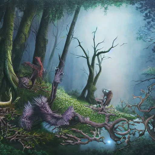 Image similar to painting of the beings of the forest, fantasy, surreal, very detailed, 8k