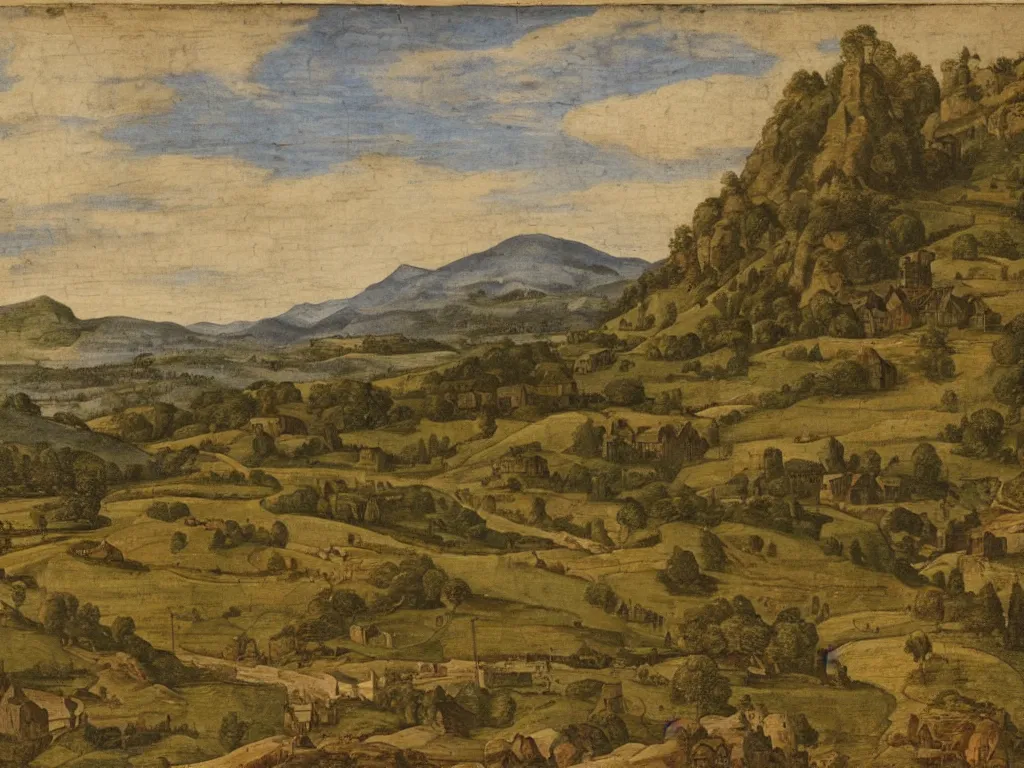 Image similar to medieval scenic with a fields hills and mountains