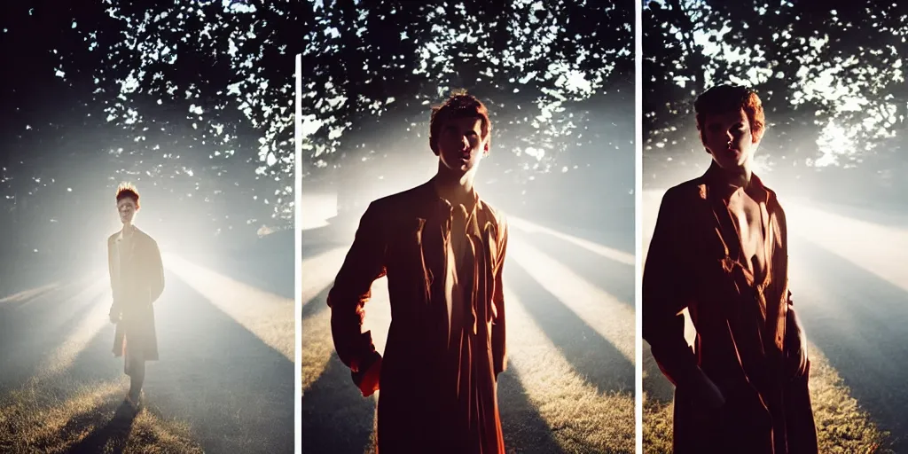 Image similar to handsome young man wearing a dress terror love pain joy fear moody lighting golden hour highly detailed sharp zeiss lens f 1 6 high contrast ryan mcginley