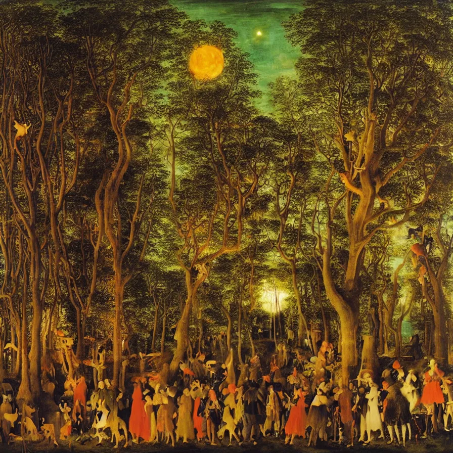 Image similar to a night carnival around a magical tree cavity, with a surreal orange moonlight and fireworks in the background, next to a lake with iridiscent water, christmas lights, folklore animals and people disguised as fantastic creatures in a magical forest by summer night, masterpiece painted by jan van eyck, dark night environment