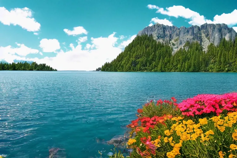 Prompt: surrounded by mountains, lake in the middle, small island in the middle of the lake, the island is full of flowers, movie texture, 8 k, rich details