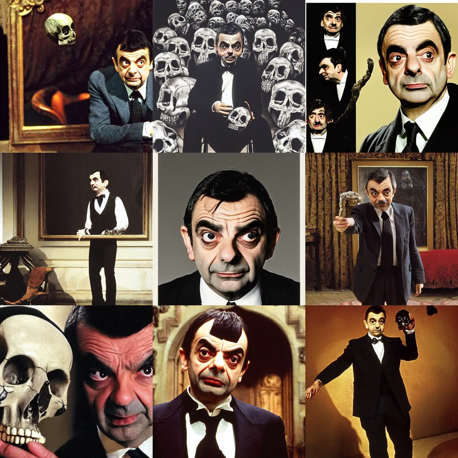 Prompt: mr bean ( rowan atkinson ) plays ( ( ( hamlet ) ) ) with a skull on a stage, dramatic, ( ( stage lights ) ), sharp focus, photorealistic, ( ( theatrical ) ), dramatic, directed by stenley kubrick, inspired by laurence olivier, theater poster made by john everett millais