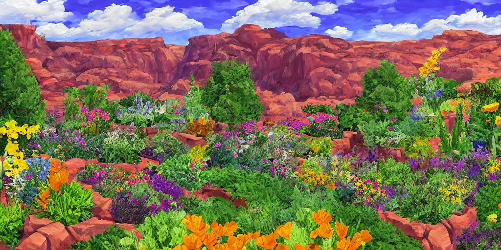 Prompt: backyard garden, in the valley of the wind. Digital art, big scale. Canyons