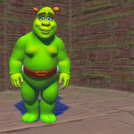 Prompt: shrek wearing clothes as a character in super mario 6 4