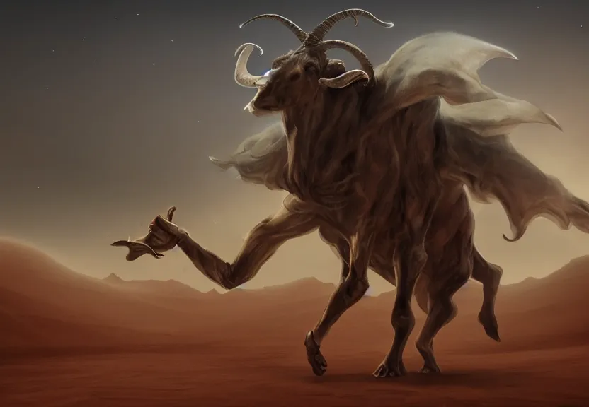 Prompt: terrific jinn demon in middle of desert with hoof on his feet and goat face with long cloth afraid of beautiful powerful angel, epic angel, wporfull angel, good vs evil, atmosphere, harsh lighting, cinematic lighting,, award wining art, artstation, high details, concept art, 4 k