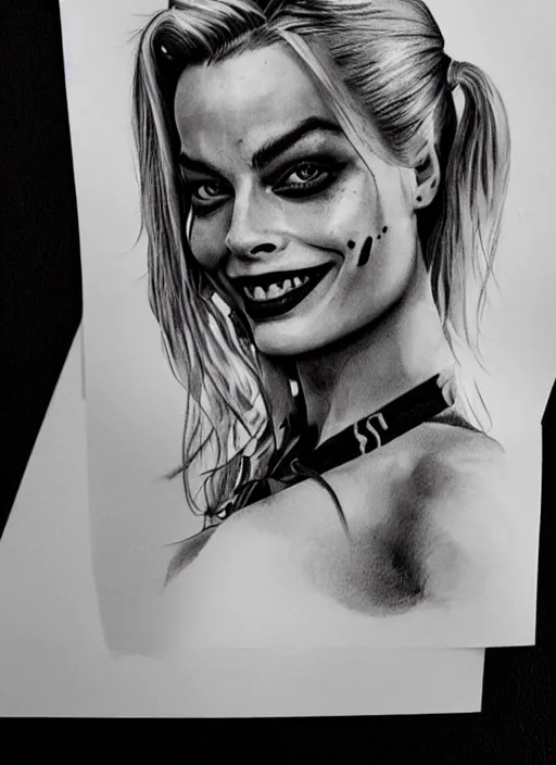 Image similar to tattoo design of margot robbie as harley quinn with a little smile, holding ace card, in the style of den yakovlev, realistic face, black and white, realism tattoo, hyper realistic, highly detailed