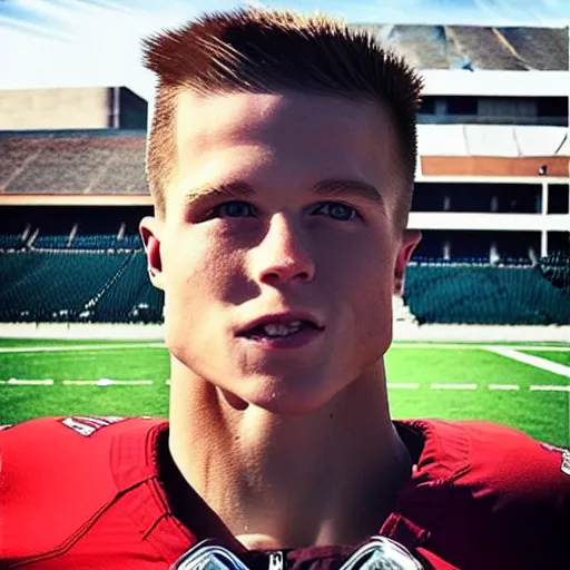 Image similar to “ a realistic detailed photo of a guy who is an attractive humanoid who is half robot and half humanoid, who is a male android, football player christian mccaffrey, shiny skin, posing like a statue, blank stare, on the field, on display ”