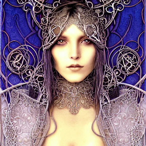 Image similar to a closeup portrait of a beautiful female art nouveau bohemian cyberpunk musician in filigree fractal robes by ted nasmith and luis royo