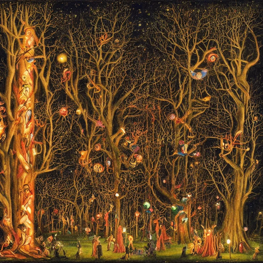 Image similar to a night carnival around a magical tree cavity, with a surreal orange moonlight and fireworks in the background, next to a lake with iridiscent water, christmas lights, folklore animals and people disguised as fantastic creatures in a magical forest by summer night, masterpiece painted by john melhuish strudwick, dark night environment