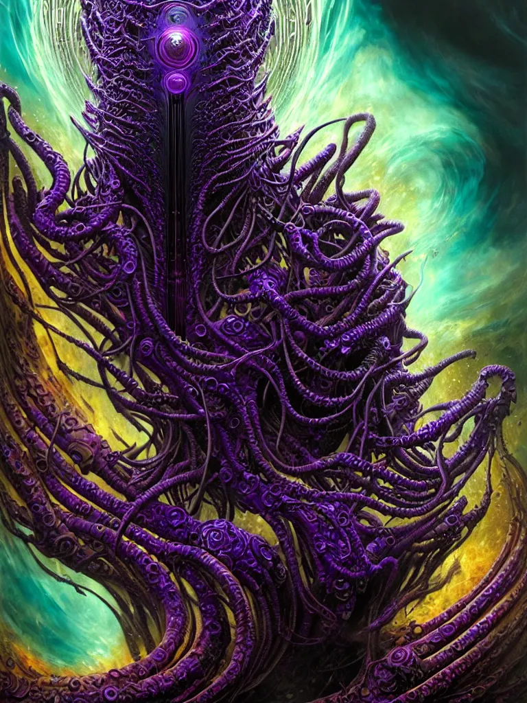 Image similar to depicting a wrathful technological nightmare monster god, in the style of h. p. lovecraft, exuberant organic elegant forms, by karol bak and filip hodas : : 1. 4 purple, red, blue, green, black intricate mandala explosions : : intuit art : : turbulent water backdrop : : damask wallpaper : : atmospheric