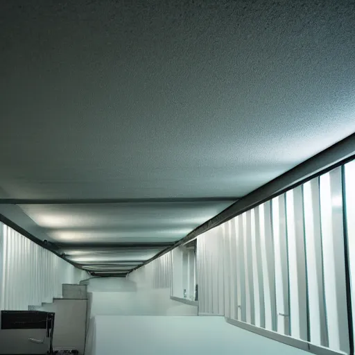 Prompt: noisy photograph of liminal underground tiny homes, office ceiling panels, retrofuturism, brutalism, minimalist, cinematic, soft vintage glow