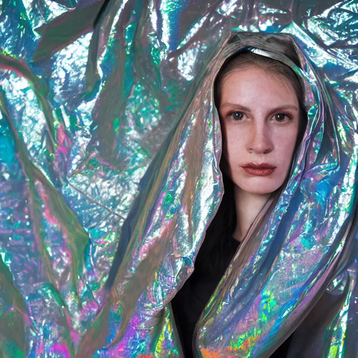 Prompt: closeup portrait of a woman wrapped in an iridescent mylar foil blanket, standing in a grungy dirty grocery store, color photograph, by vincent desiderio, canon eos c 3 0 0, ƒ 1. 8, 3 5 mm, 8 k, medium - format print