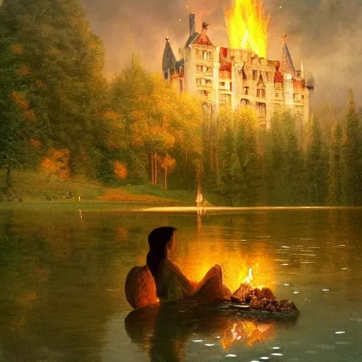 Prompt: beautiful illustration of a big castle in a serene landscape and a beautiful lake, fire, by albert bierstadt, green grass, highly detailed, crystal lighting, mystical, forest, hyperrealistic, 4 k, unreal engine, magical, by joe fenton, by greg rutkowski, by greg tocchini, by kaws, by kate beaton, by kaethe butcher