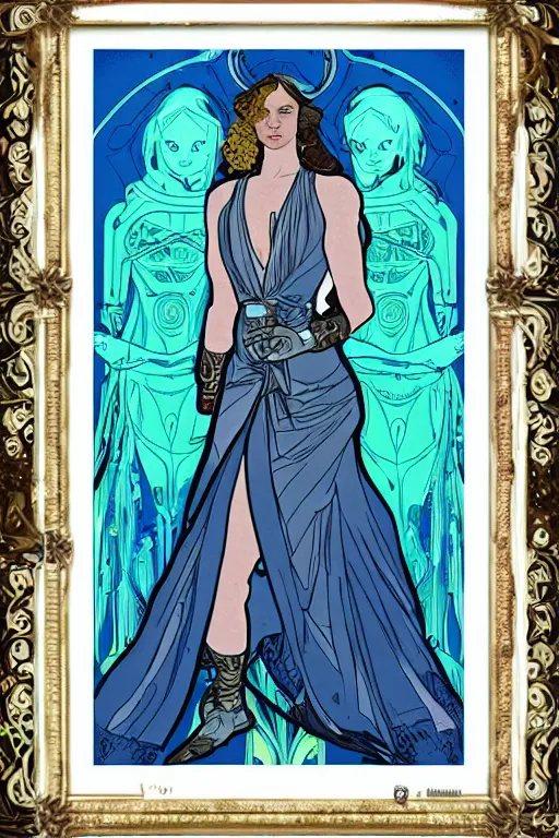 Prompt: delores from westworld in blue dress as a goddess of cyborg in alfons mucha style