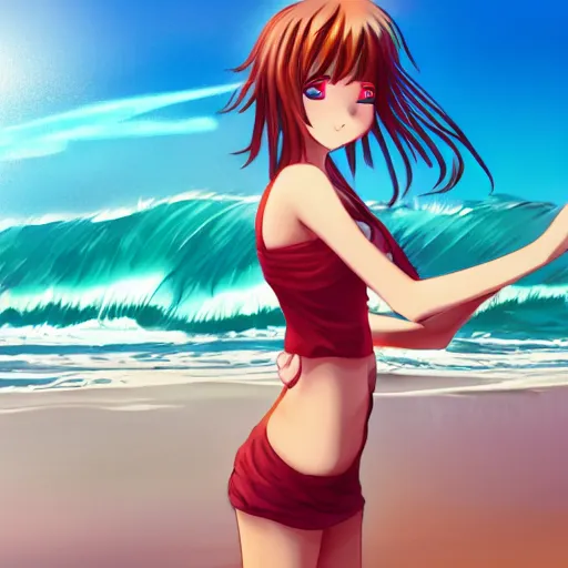 Image similar to smug anime girl at a beach, full body portrait, extremely detailed, pretty, sunny, sparkling sand, waves, lush, cinematic lighting, anime,