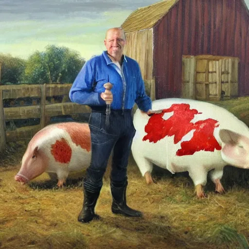 Image similar to a proud englishman farmer showing off his prized blue ribbon hog at the county fair, oil painting