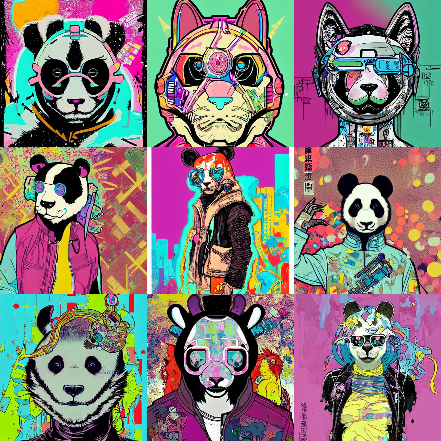 Prompt: cyberpunk cat unicorn panda bear cyborg portrait illustration, pop art, splash painting, art by geof darrow, ashley wood, alphonse mucha, makoto shinkai