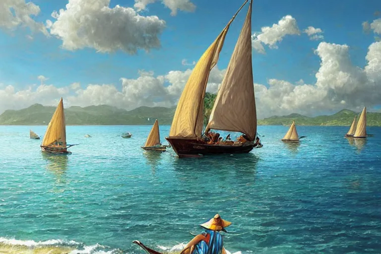 Image similar to ultra realistic illustration,, a beach in tanzania with sailboats in the distance, tropical blue water intricate from baldurs gate, elegant, highly detailed, digital painting, artstation, concept art, smooth, sharp focus, illustration, art by artgerm and greg rutkowski and alphonse mucha