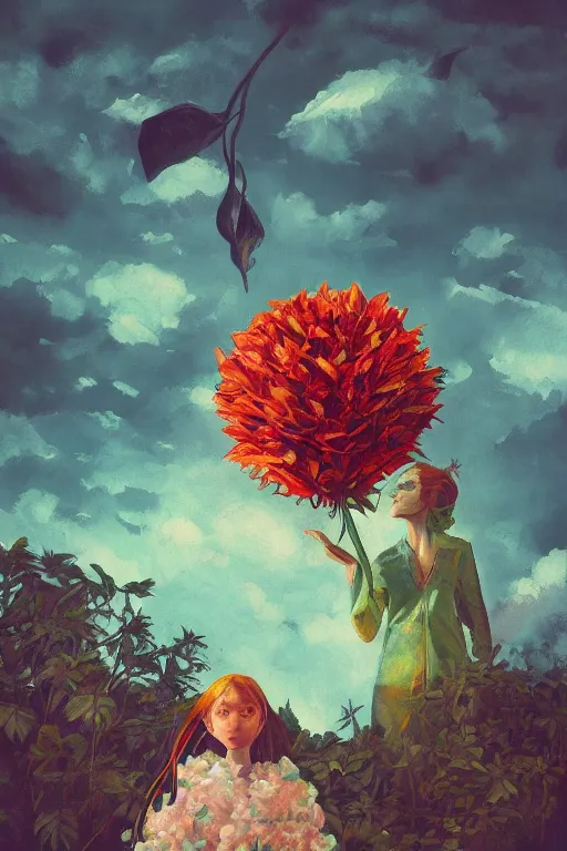 Image similar to closeup, girl with giant flower head, monsteras overhead, surreal photography, wind and cold, dramatic sky, impressionist painting, digital painting, artstation, simon stalenhag